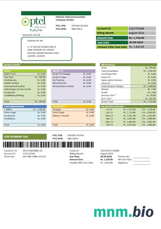 Pakistan PTCL rachunek za usługi komunalne szablon w formacie Word i PDF